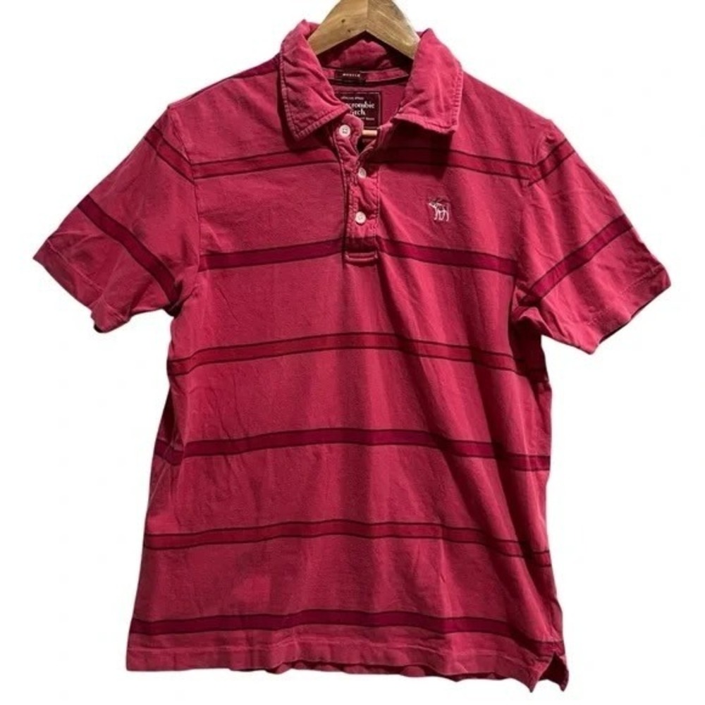 Vintage 2000s Abercrombie & Fitch Men's Red‎ Striped Muscle Fit Polo Shirt L Y2K